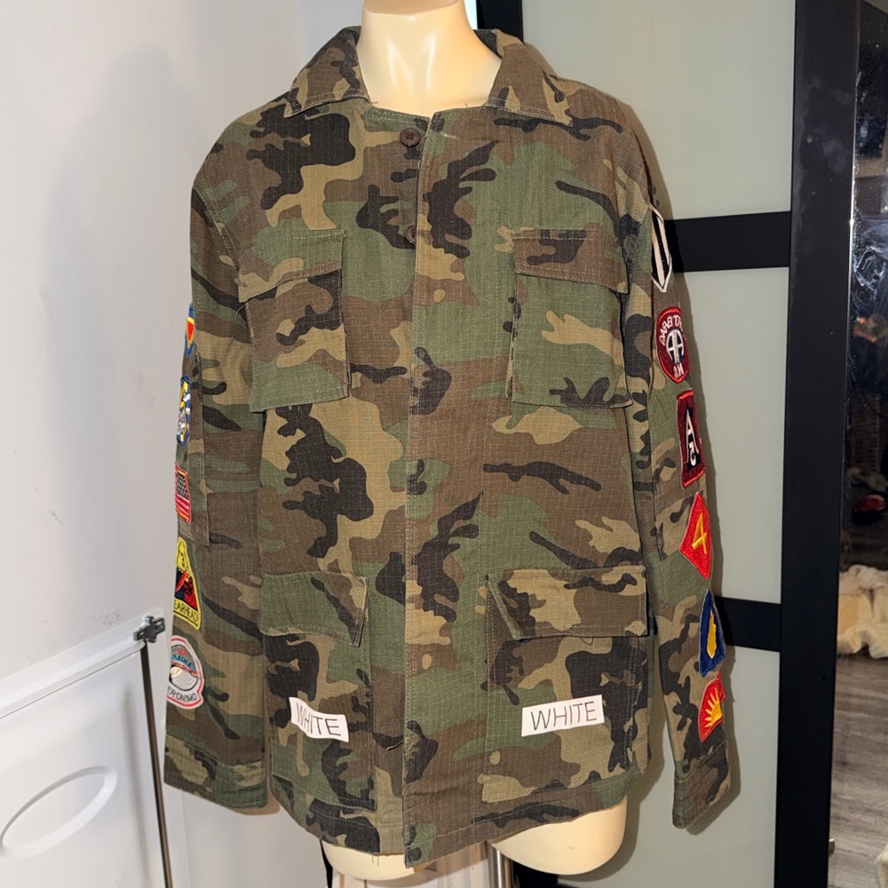Off-White Camouflage Field Jacket with Colorful Patches